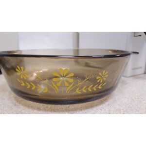 Glasbake Round Amber Casserole Dish 1.5 QT Groovy Yellow Floral Daisy Vintage